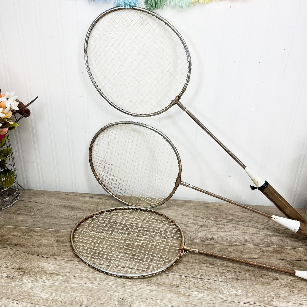Vintage Badminton Racket Set Regent Scorpion Red Wood Metal Sports Decor 3pc